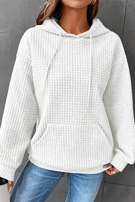 White Quilted Kangaroo Pocket Drawstring Hoodie