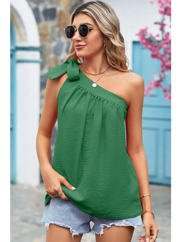 Green One Shoulder Flare Tunic Top