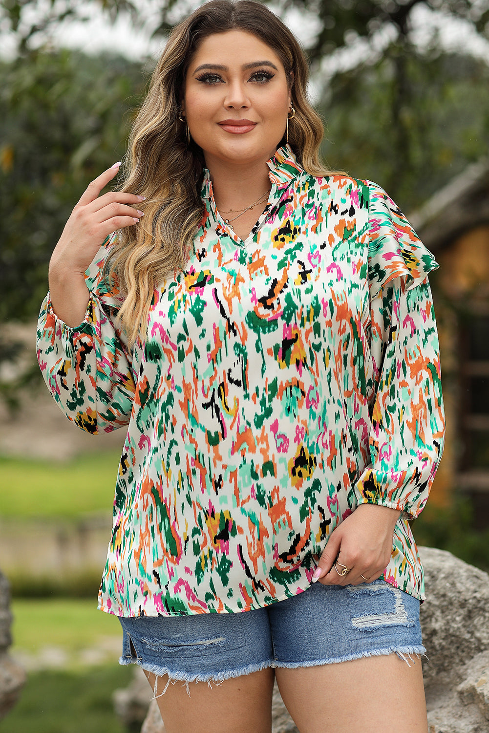 Colorful Abstract Print Ruffled V Neck Blouse - Plus