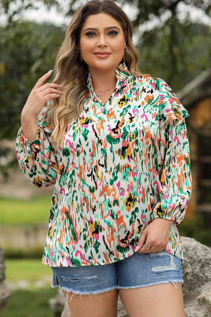 Colorful Abstract Print Ruffled V Neck Blouse - Plus