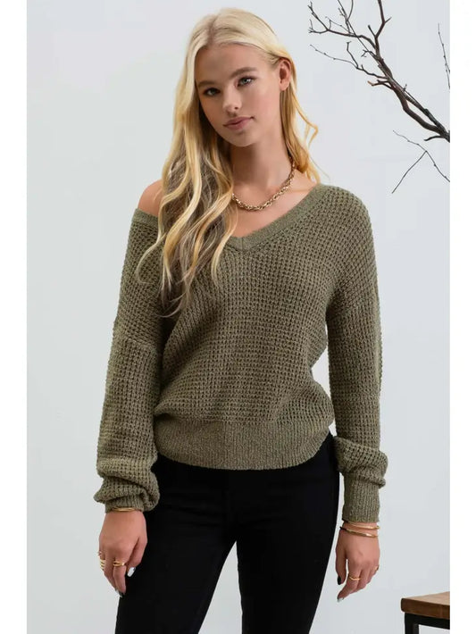 Open Back Knit Pullover - Olive