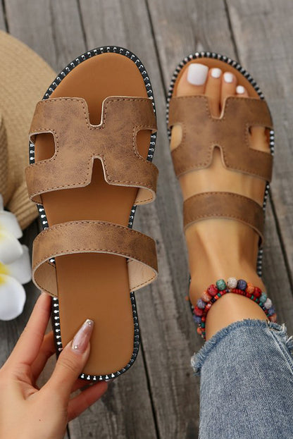 Brown Cut Out H Shape Band PU Leather Sandals