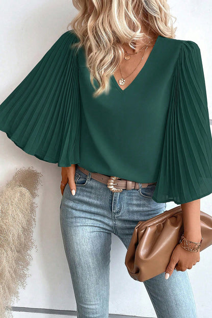 Blackish Green 3/4 Pleated Bell Sleeve V Neck Blouse