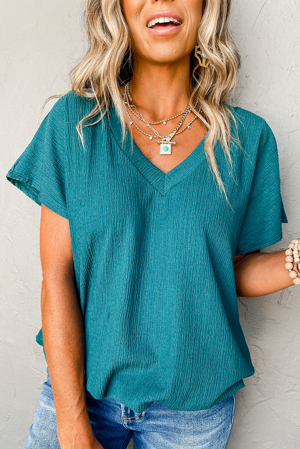 Blue Sapphire Crinkled V Neck Wide Sleeve T-shirt Curvy