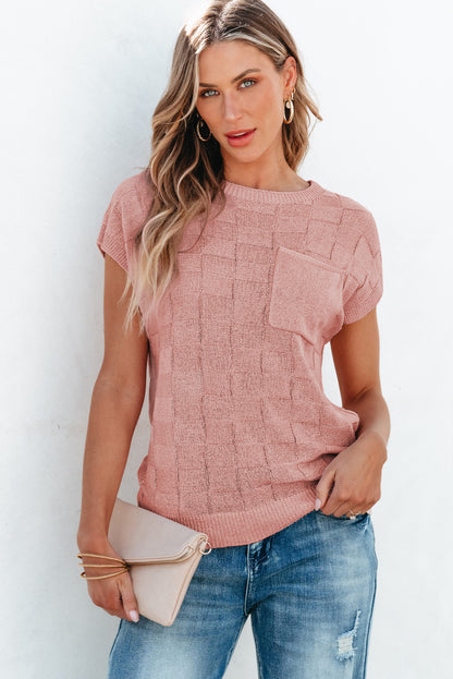 Dusty Pink Lattice Textured Knit Short Sleeve Sweater