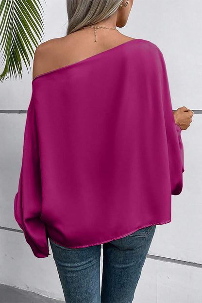 Bright Pink Asymmetrical Neck Balloon Sleeve Satin Blouse