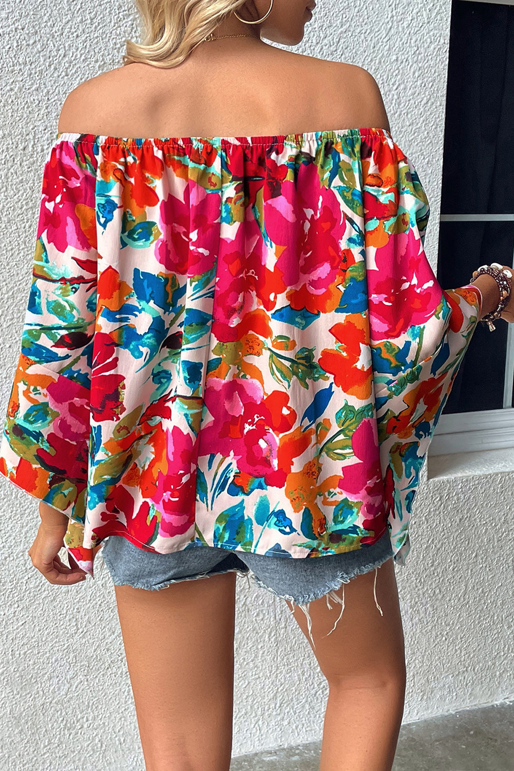 Multicolor Floral Print Off Shoulder Wide Sleeve Blouse