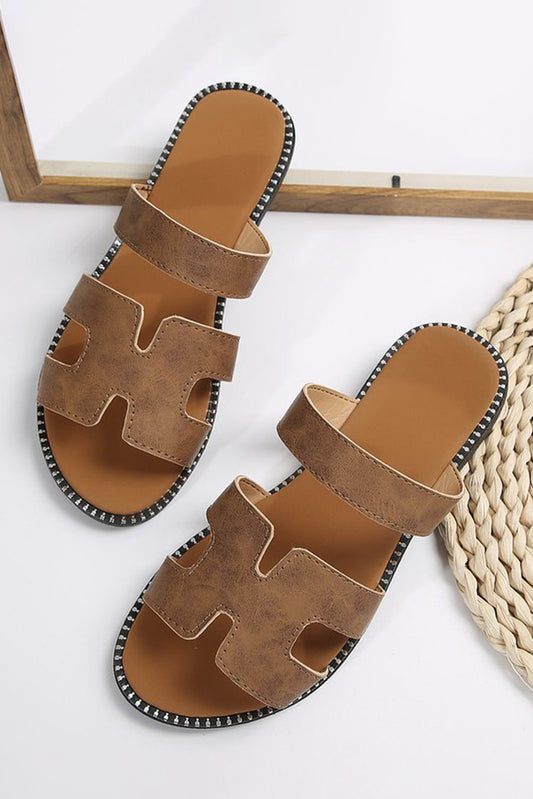 Brown Cut Out H Shape Band PU Leather Sandals