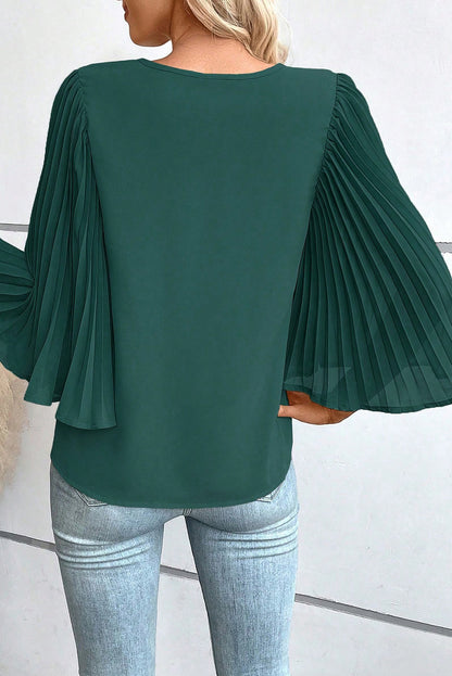 Blackish Green 3/4 Pleated Bell Sleeve V Neck Blouse