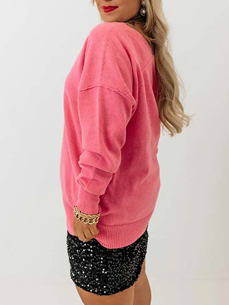 Pink Drop Shoulder V Neck Sweater - Plus