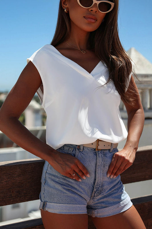 White V Neck Pleated Backless Cap Sleeve Top