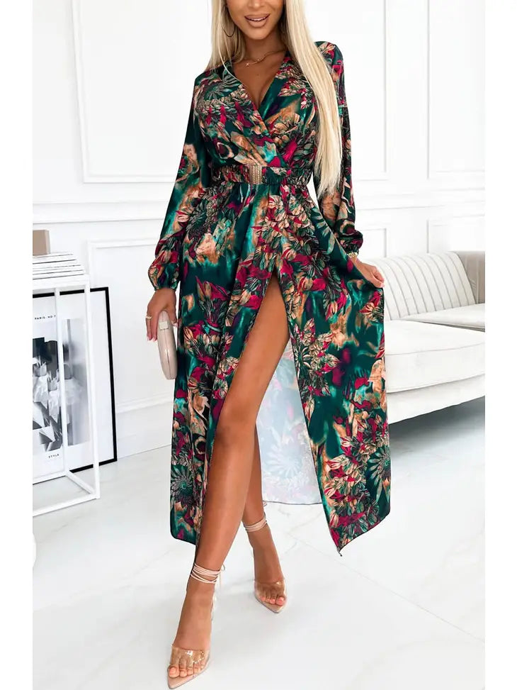 Green Floral Wrap Maxi Dress