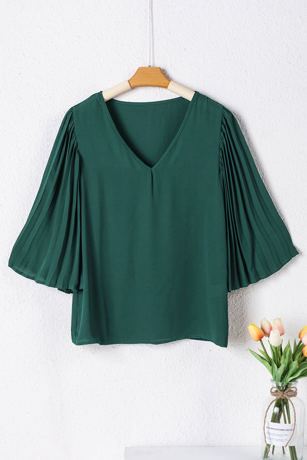 Blackish Green 3/4 Pleated Bell Sleeve V Neck Blouse