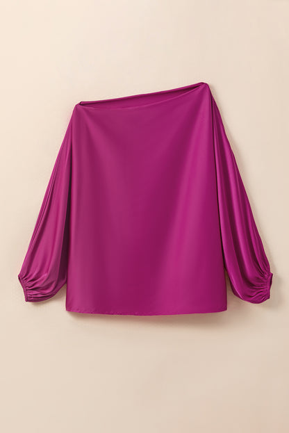 Bright Pink Asymmetrical Neck Balloon Sleeve Satin Blouse