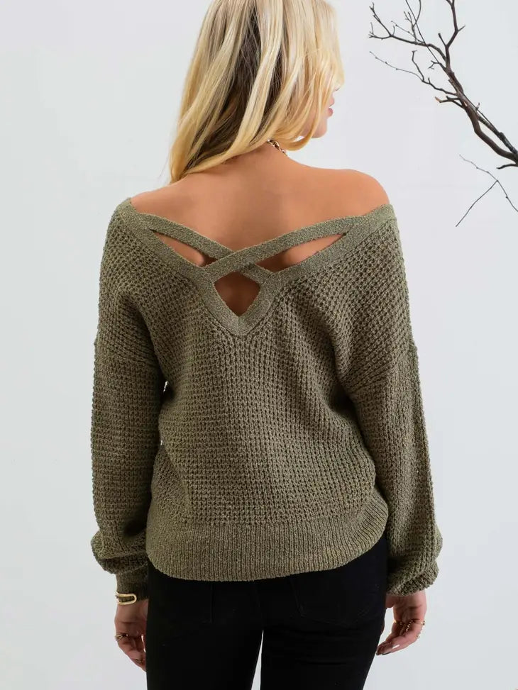 Open Back Knit Pullover - Olive