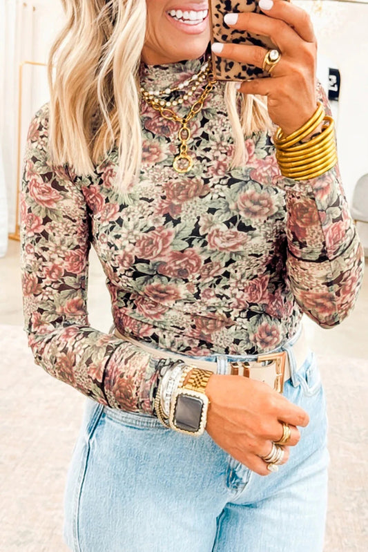 Black Retro Floral Mesh Long Sleeve Top