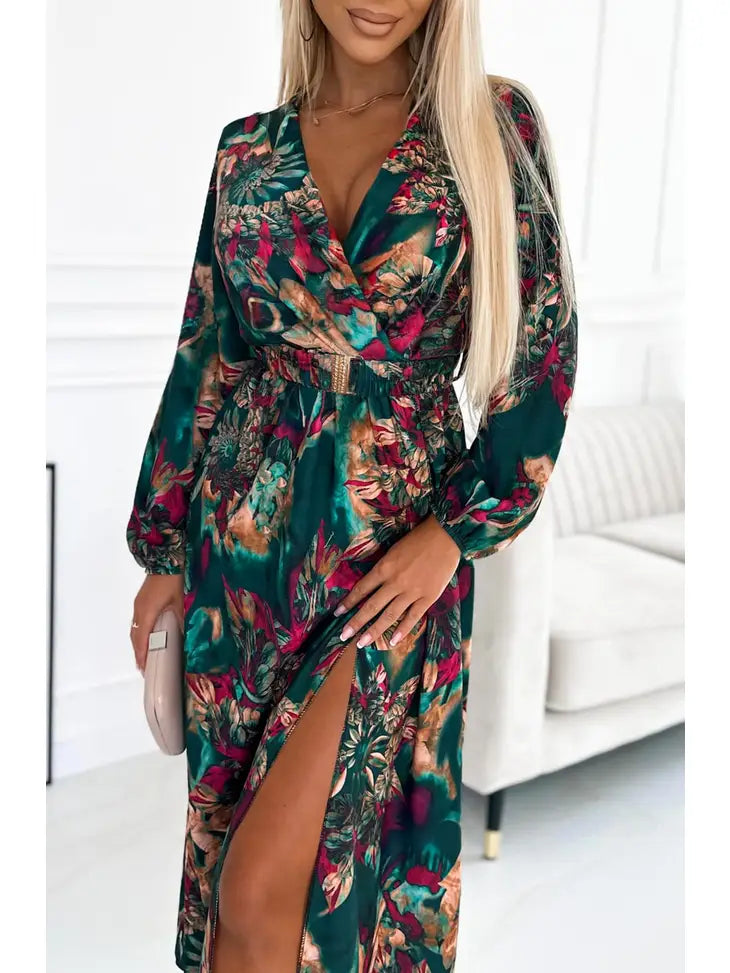 Green Floral Wrap Maxi Dress