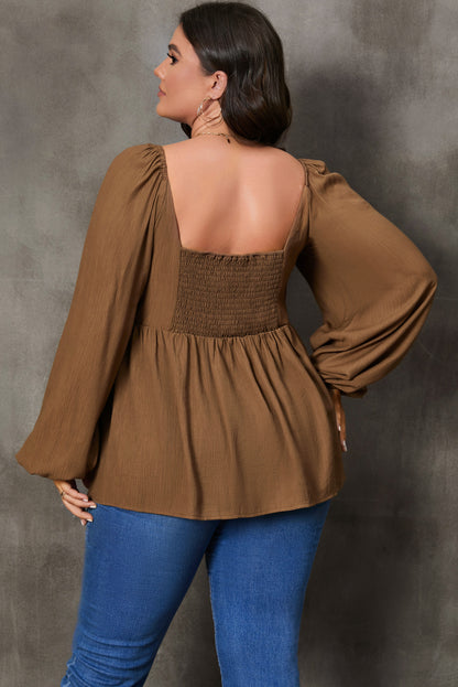 Khaki Sweetheart Neck Long Sleeve Peplum Blouse - Plus