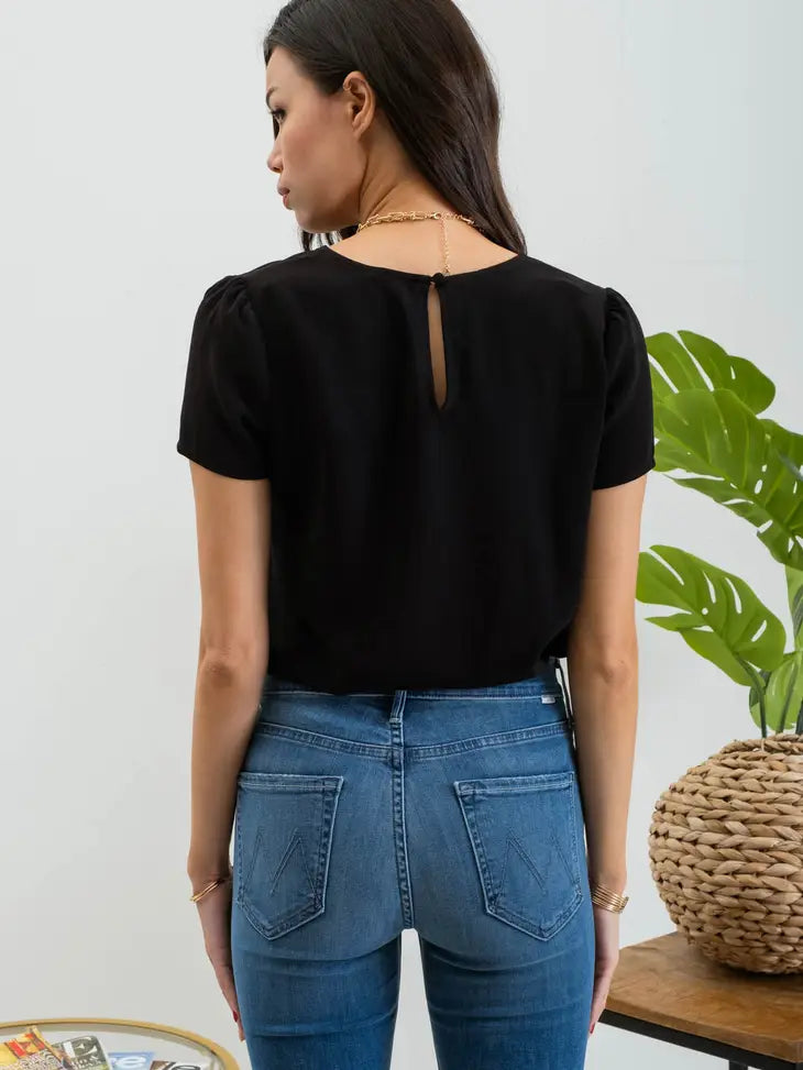 Black Solid Front Pleated Woven Top - Plus