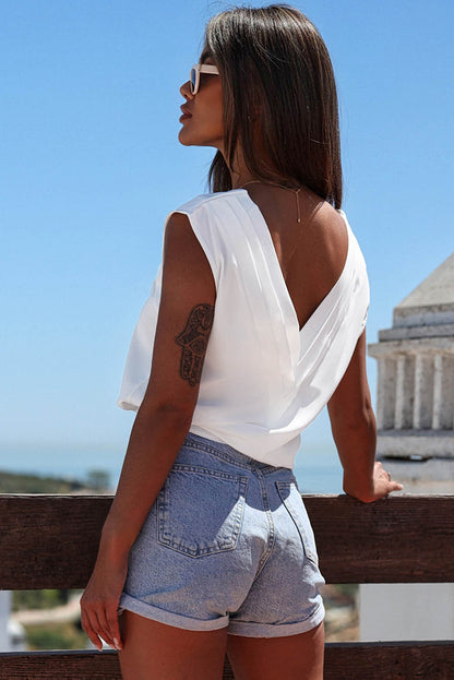 White V Neck Pleated Backless Cap Sleeve Top