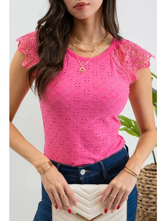 Fuchsia Eyelet Embroidery Knit Top - Plus