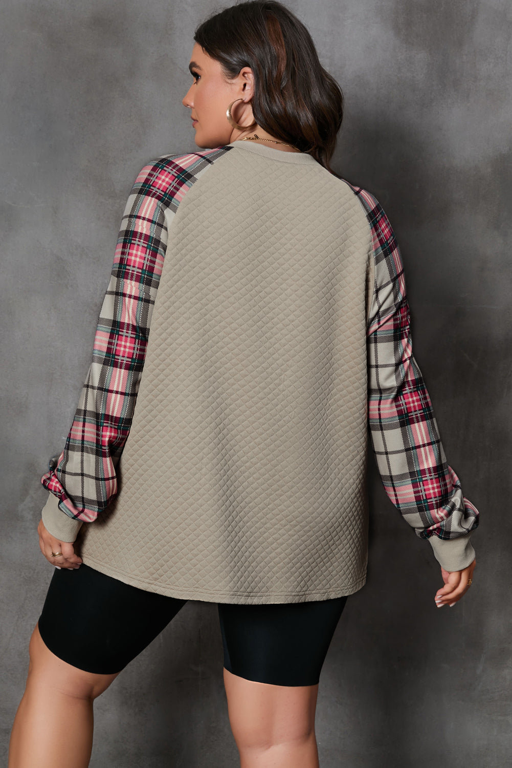 Apricot Plaid Raglan Sleeve Crew Neck Sweatshirt - Plus