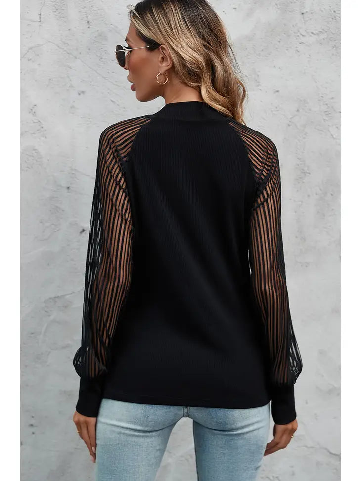 Black Striped Mesh Long Sleeve Crewneck Ribbed Top