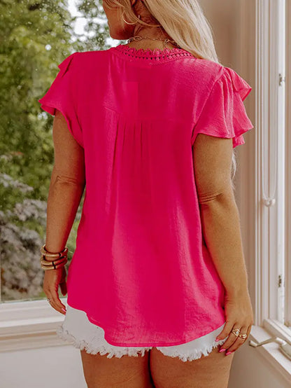 Pink Crochet Split V Neck Ruffle Sleeve - Plus