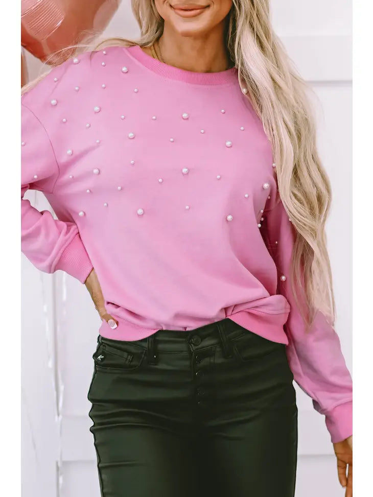 Bonbon Pearl Detail Ribbed Crew Neck Sweatshirt