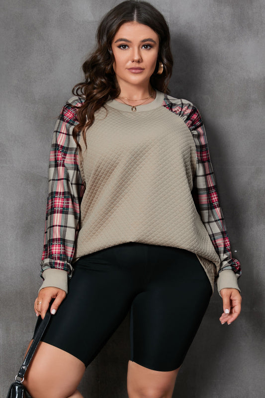 Apricot Plaid Raglan Sleeve Crew Neck Sweatshirt - Plus