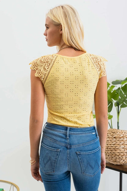 Curvy Dusty Yellow Eyelet Embroidered Knit Top