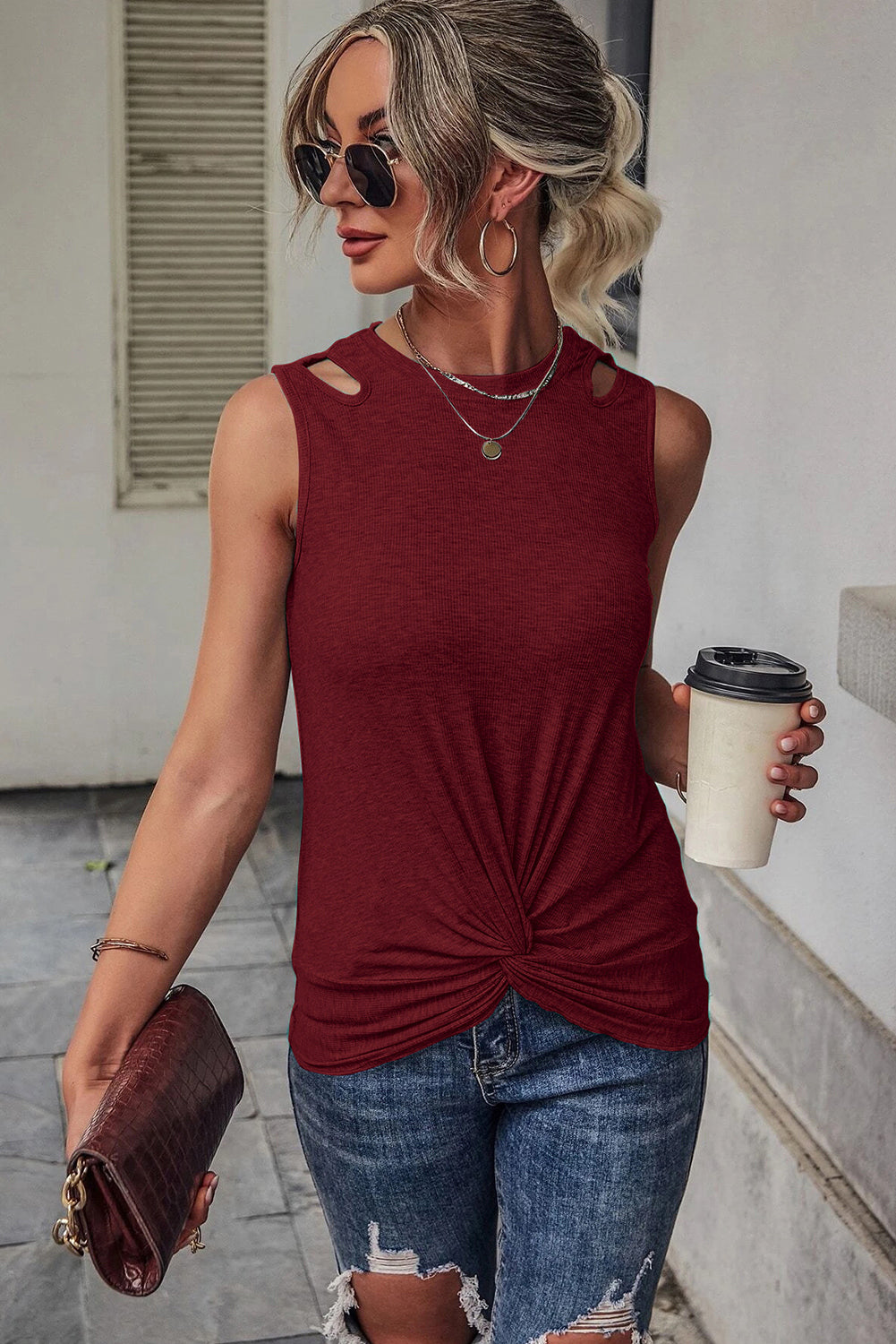 Fiery Red Rib Knit Cut-out Front Twist Tank Top