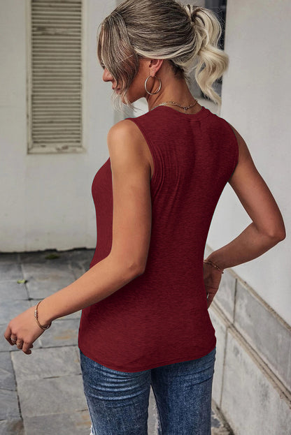 Fiery Red Rib Knit Cut-out Front Twist Tank Top