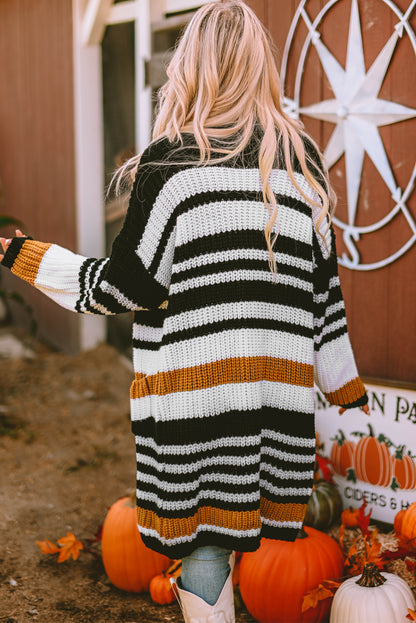 Stripe Drop Shoulder Open Front Long Cardigan