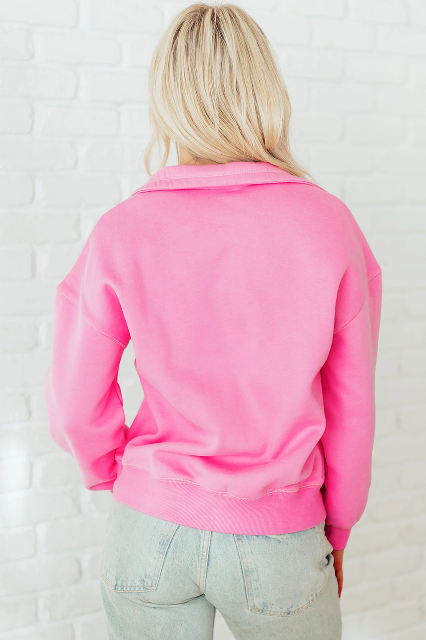 Pink Half Button Stand Neck Drop Shoulder Sweatshirt