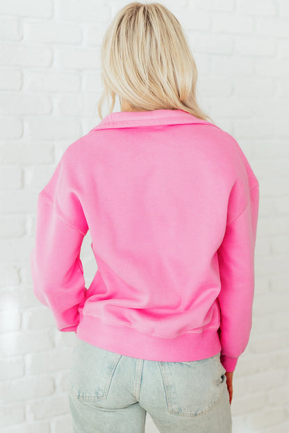 Pink Half Button Stand Neck Drop Shoulder Sweatshirt