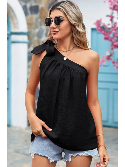 Black One Shoulder Flare Tunic Top