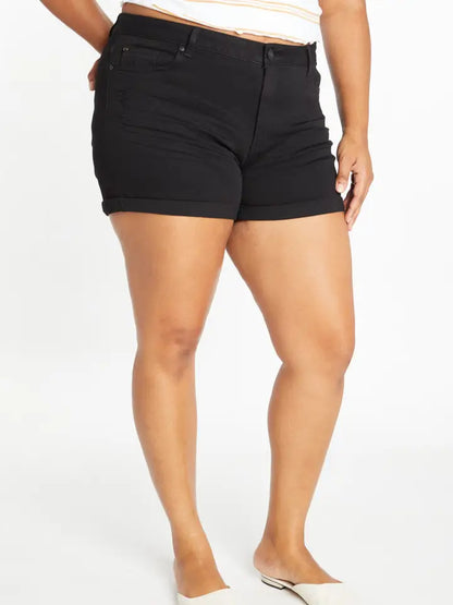 Curvy Mid Rise Black Rolled Cuff Shorts