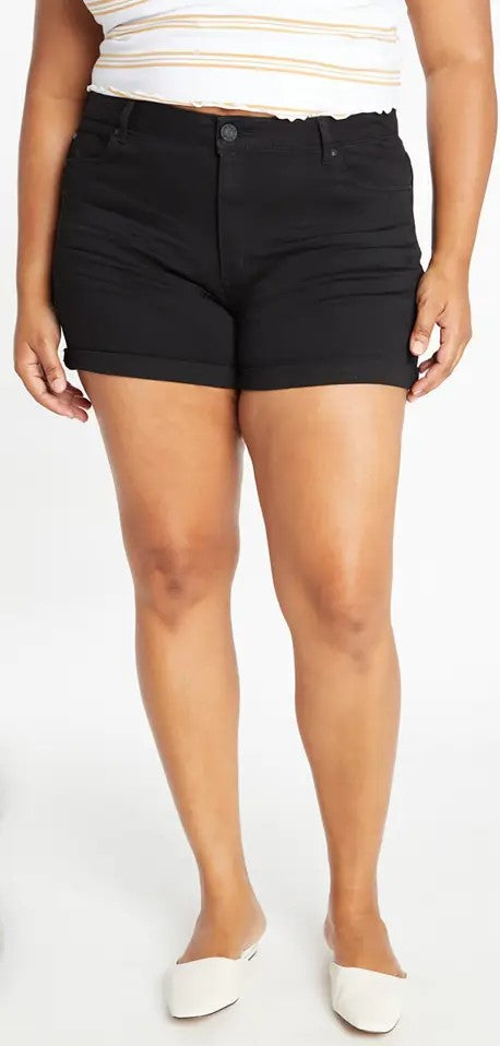 Curvy Mid Rise Black Rolled Cuff Shorts