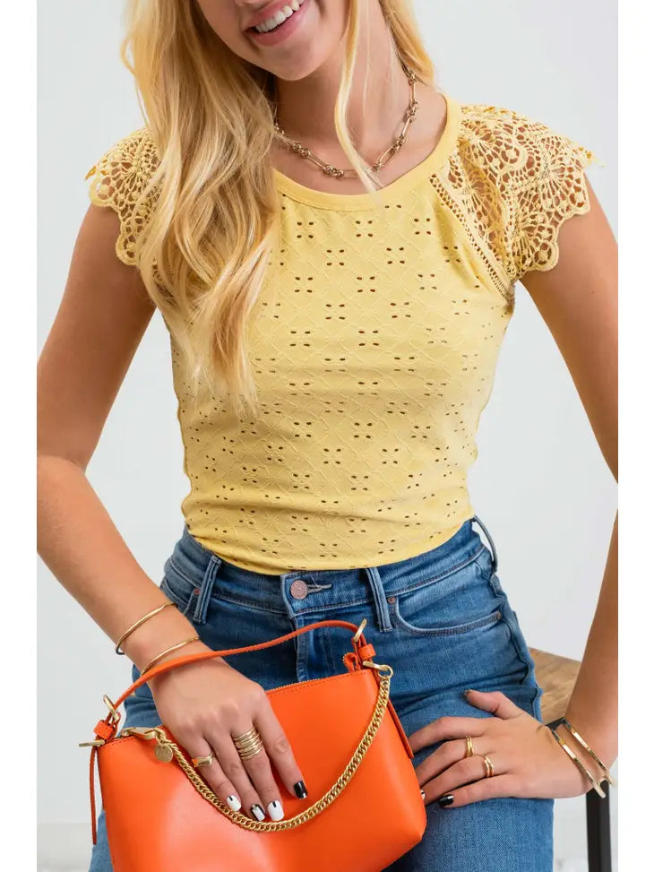 Dusty Yellow Eyelet Embroidery Knit Top - Plus