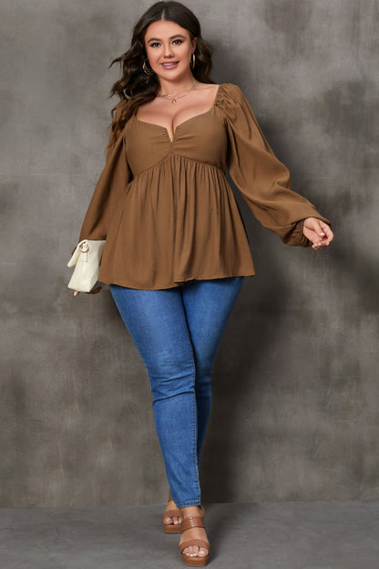 Khaki Sweetheart Neck Long Sleeve Peplum Blouse - Plus