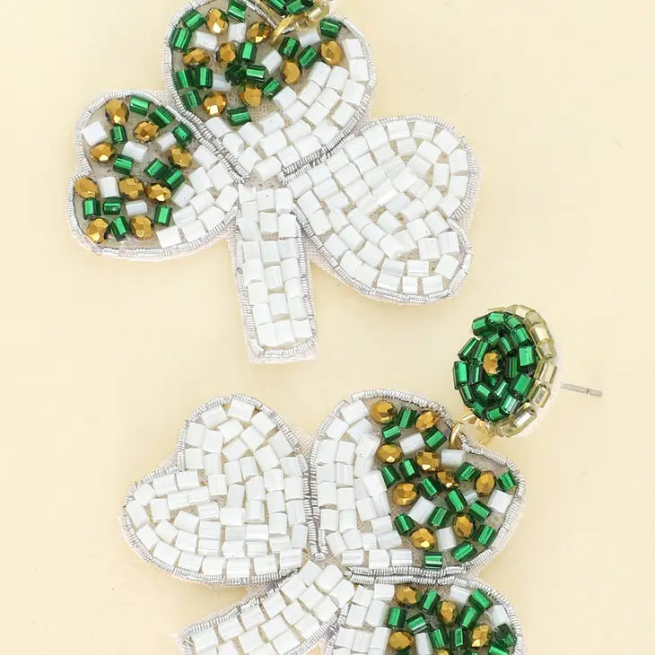 Gold and White Saint Patrick's Shamrock Beaded Earrings