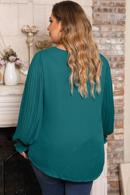 Green Pleated Bubble Sleeve Blouse - Plus