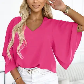 Rose Flounce Bell Sleeve V Neck Blouse